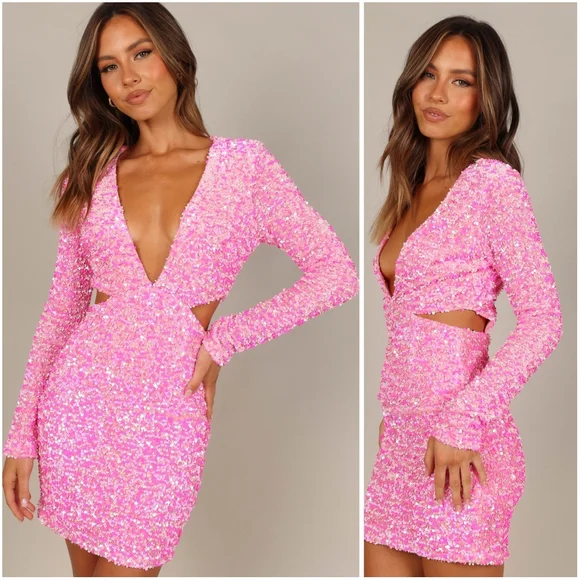 Petal + Pup Kelly Long Sleeve Sequin Mini Dress Pink Berry Small - Picture 3 of 10